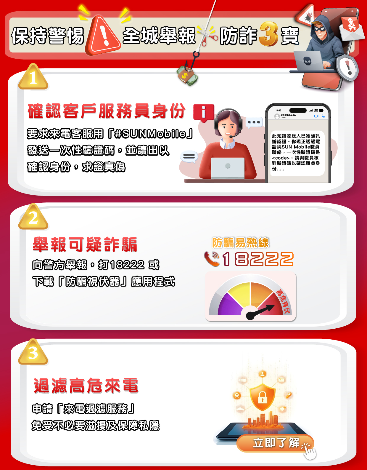 保持敬惕，全城舉報，防詐3寶