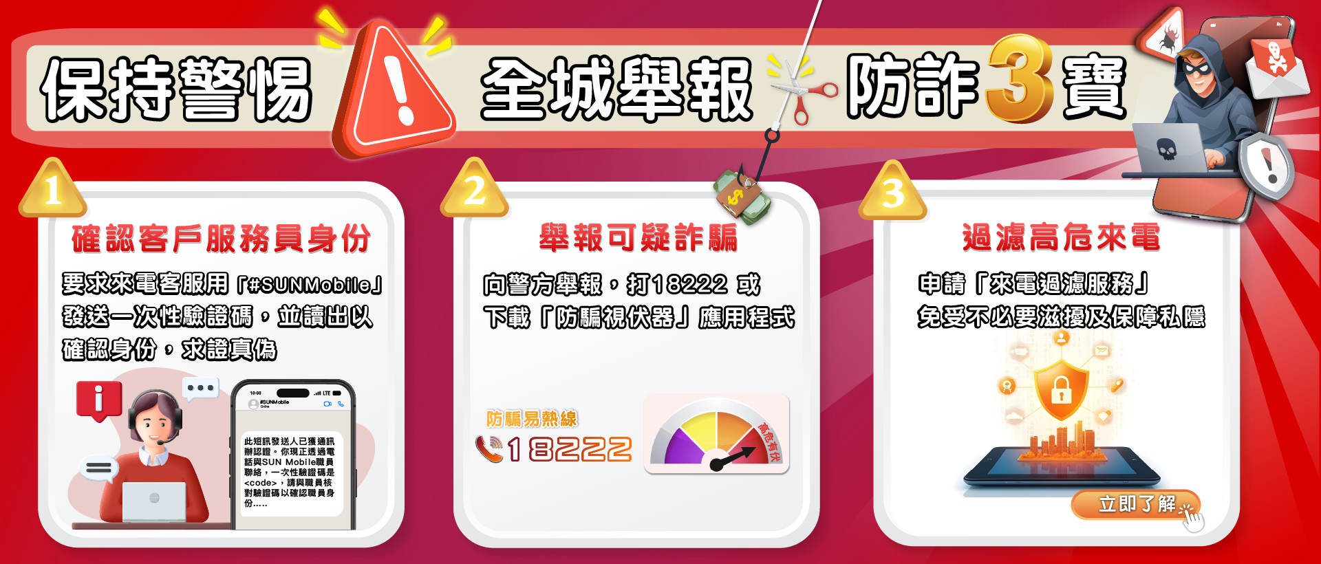 保持敬惕，全城舉報，防詐3寶